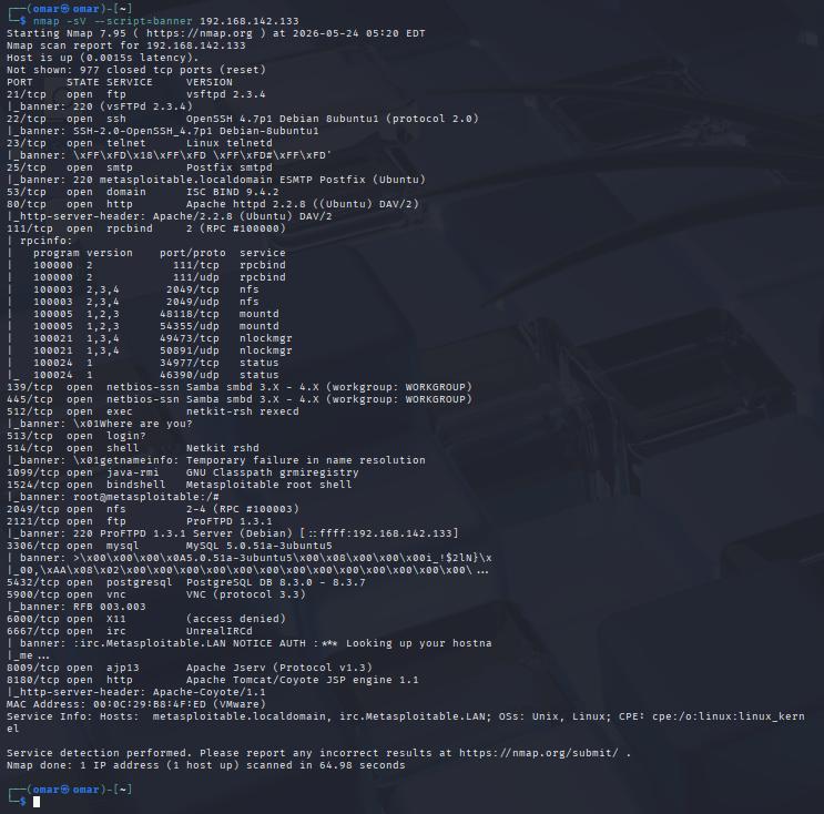 Nmap service enumeration against the Metasploitable 2 lab target